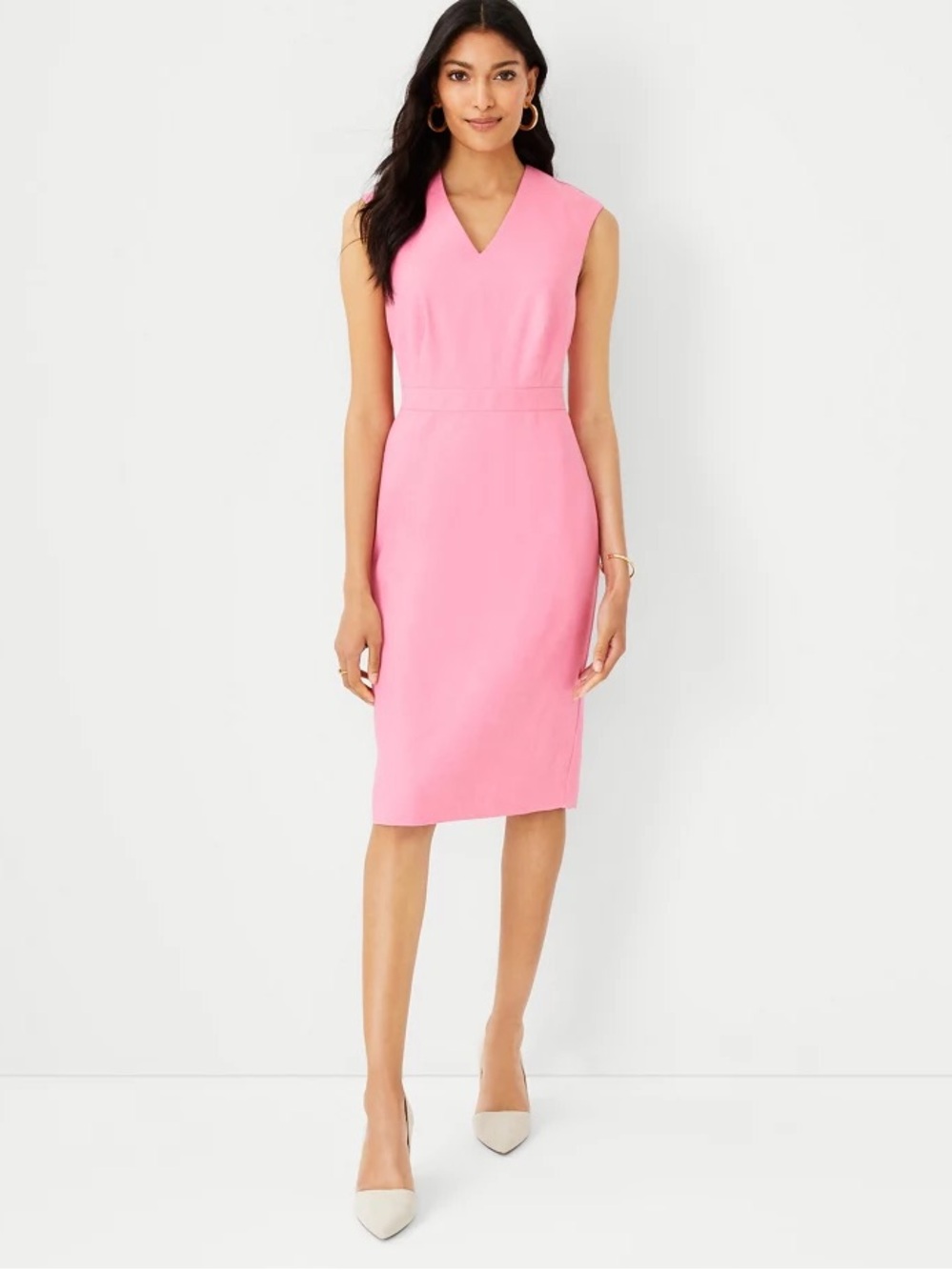 Ann Taylor V Neck Sleeveless Sheath Midi Dress in Pink Linen Size 6